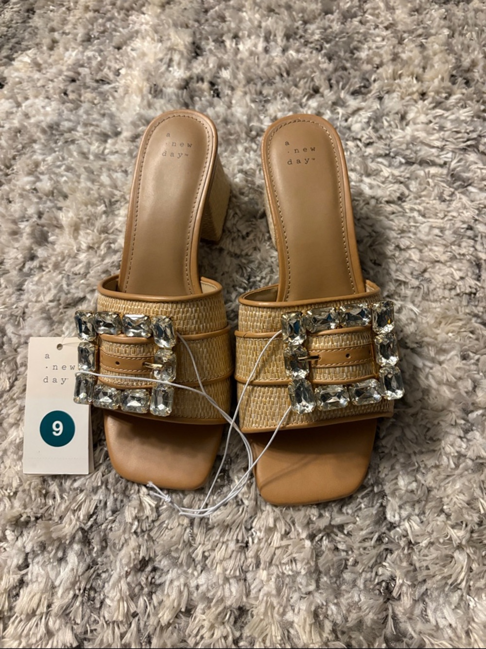 a new day Tan Jeweled Raffia Block Heel Slides - Women's